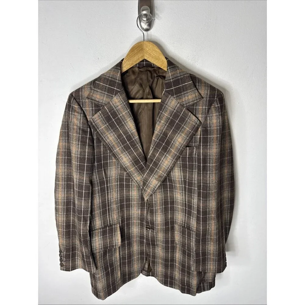Vintage 70s Glenguard Wool Plaid Sport Coat Brown Orange Check‎ Men 40 WKRP Herb